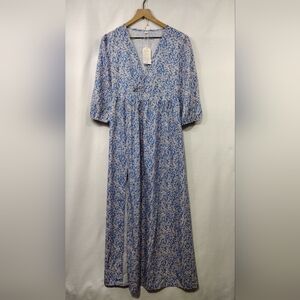 NWT Women's Floral Maxi Dress Size M Blue Cream Cottagecore Peasant Coastal